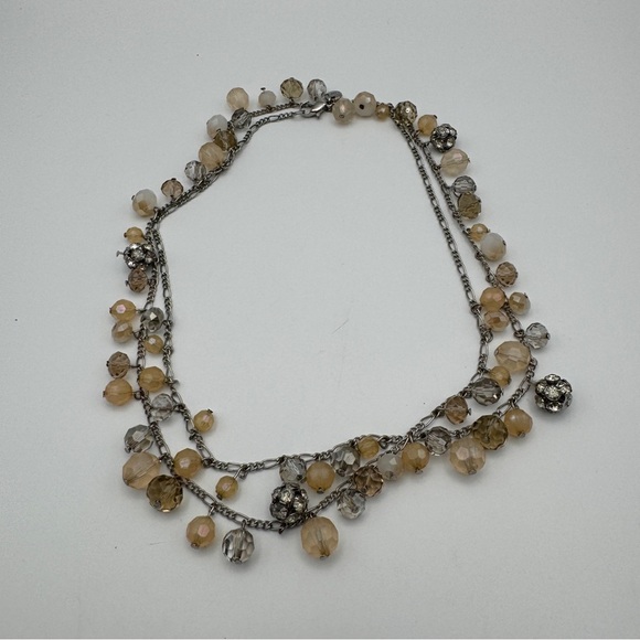 LOFT Necklace 36” Silver Tone Champagne Brown Glass Beads Long Crystal Jewelry - Picture 2 of 5